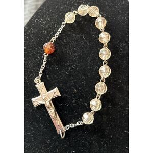 Vintage Catholic Rosary Bracelet Clear Beads Amber color Bead Silver